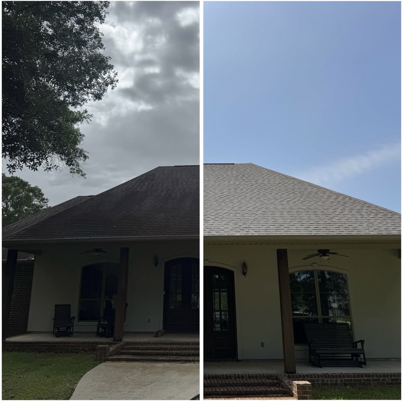 Roof soft washing before and after — algae streaks removed in Southeast Louisiana