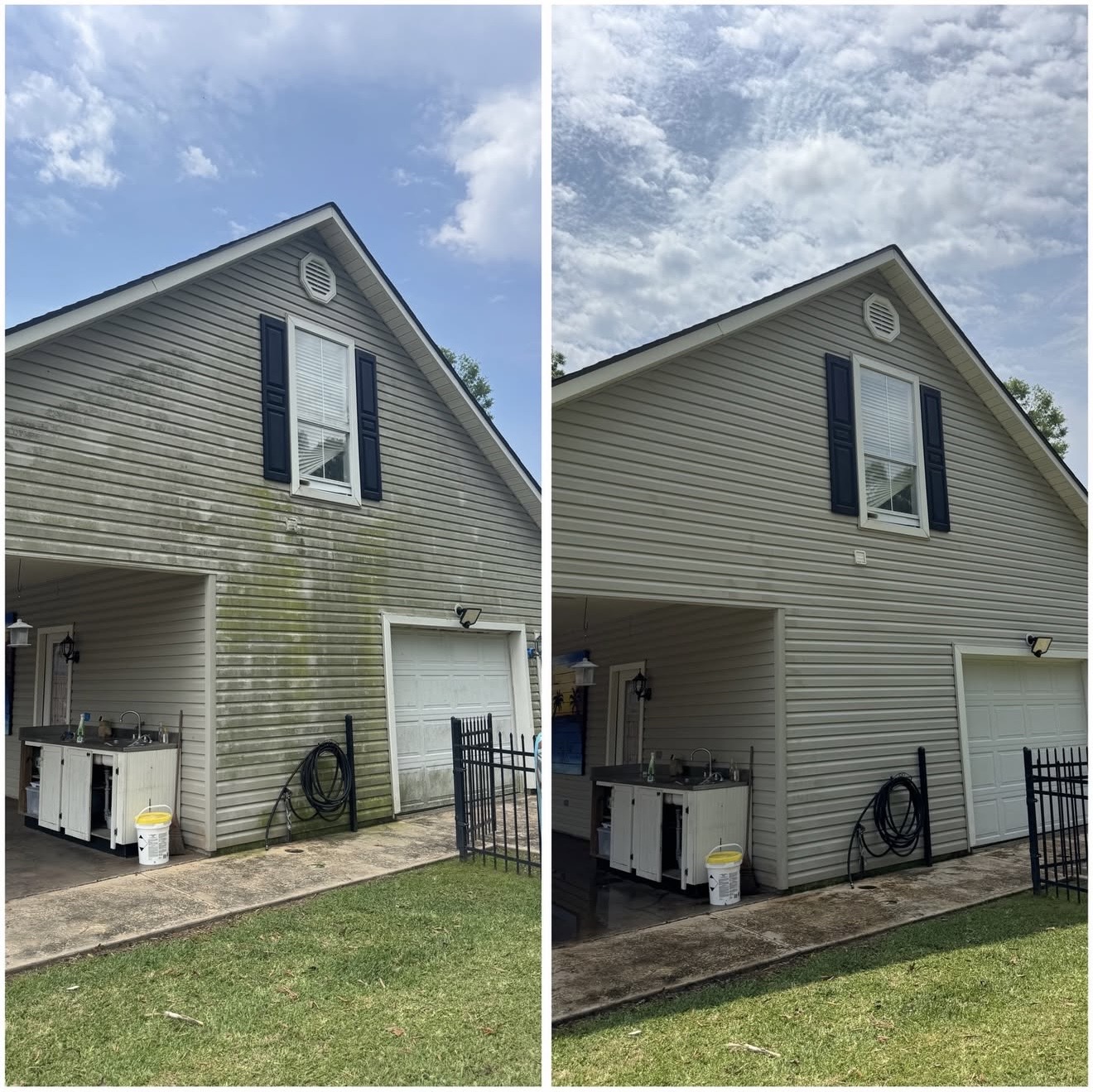 House siding before and after — green mildew removed